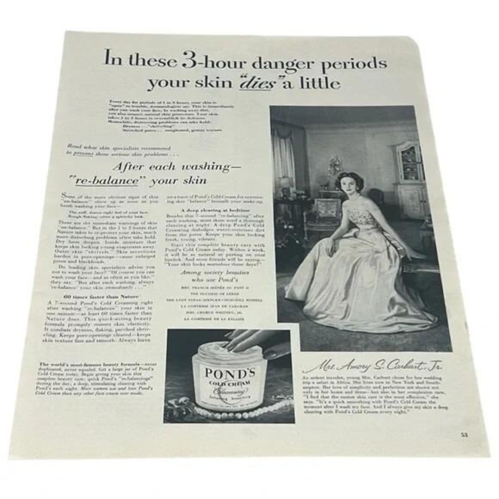1954 Ponds Cold Cream In These 3-Hour Original Vintage Print Ad